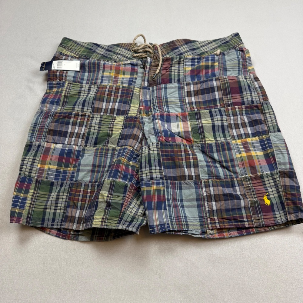 Polo Ralph Lauren Patchwork Madras Swim Trunks Mens 38 Plaid Board Shorts NWT